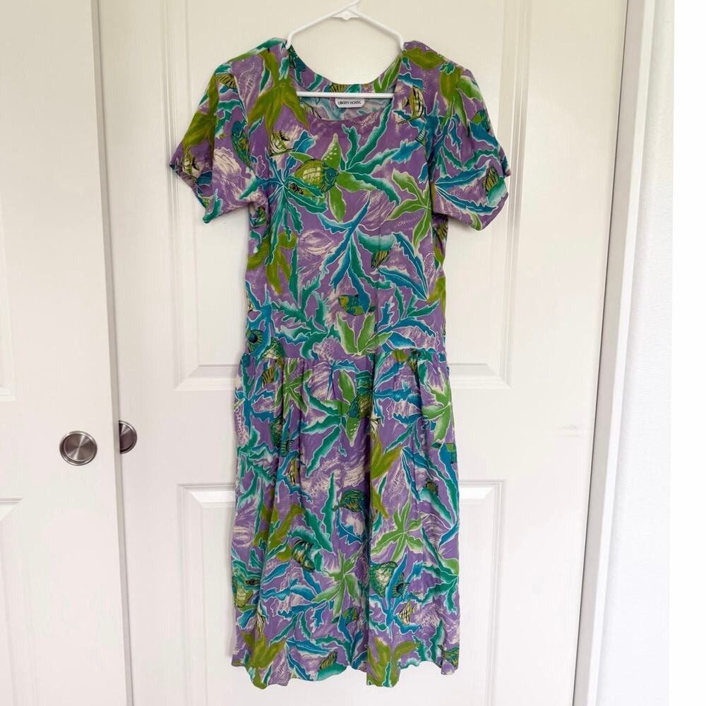 Liberty House Rare Vintage Short Sleeve Fish Midi Dress Purple Green Small